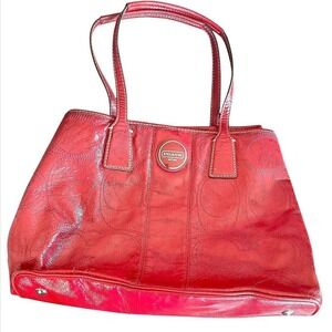 Coach Red Patent Leather Op Art Tote Bag Satchel Purse Designer Handbag 15x4x11"